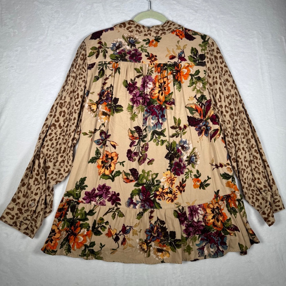 Cato Womens 18/20W Floral Leopard Mixed Print Peplum Button Down Blouse Rayon - Picture 3 of 9